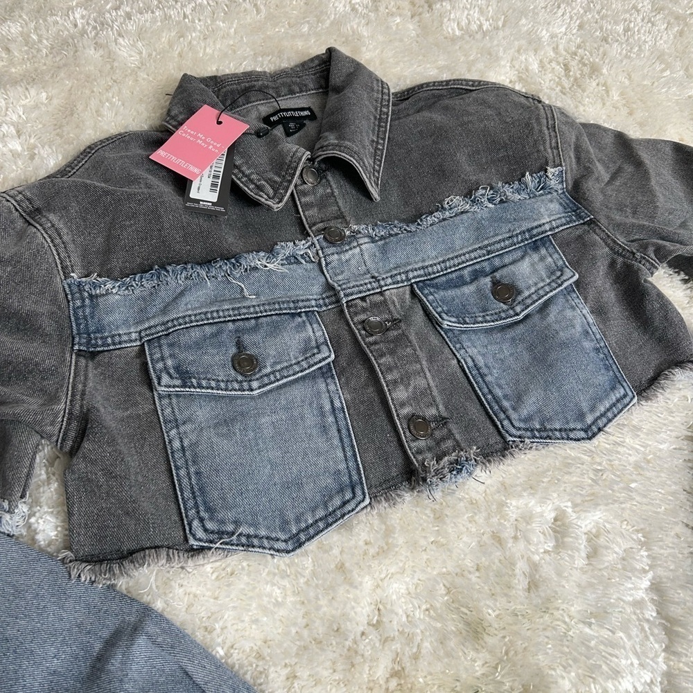 PLT washed grey double layered denim cropped jacket - Picture 2 of 3